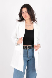 Aynaz 14498 Kadın Çizgili Astarlı Blazer Ceket Ss Beyaz 