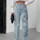 Lacarino 7869 Wide Leg Kadın Gül Baskılı Jean Pantolon