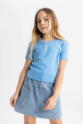 Defacto B3054A8 Ss Kız Çocuk Slim Fit Ribana Kısa Kollu Tişört Mavi 