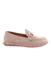 Dgn Kadın Dikiş Detaylı Metal Tokalı Loafer Ayakkabı Bej Hakiki Deri 71132110 - DGN