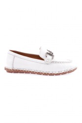 Dgn Kadın Dikiş Detaylı Metal Tokalı Loafer Ayakkabı Beyaz Hakiki Deri 71132110 - DGN