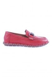 Dgn Kadın Dikiş Detaylı Metal Tokalı Loafer Ayakkabı Kırmızı Hakiki Deri 71132110 - DGN