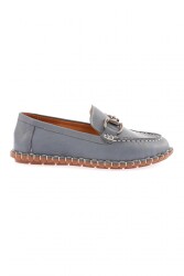 Dgn Kadın Dikiş Detaylı Metal Tokalı Loafer Ayakkabı Mavi Hakiki Deri 71132110 - DGN