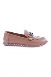 Dgn Kadın Dikiş Detaylı Metal Tokalı Loafer Ayakkabı Taba Hakiki Deri 71132110 - DGN