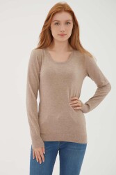 Fashion Friends 23K0779K1 Kadın U Yaka Kazak Bej - FASHION FRIENDS