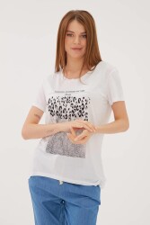 Fashion Friends 23Y-Tst0421K1 Kadın Baskılı Simli T-Shirt Beyaz 