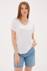 Fashion Friends 23Y-Tst0541K1 Kadın V Yaka T-Shirt Beyaz 