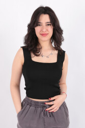 Fashion Friends 24Y0327K1 Kadın Kare Yaka Fitilli Crop Örme Bluz Siyah 
