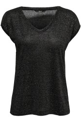Only 15136069-23Y Onlsılvery S/S V Neck Lurex Top Jrs Noos Kadın T-Shirt Siyah 